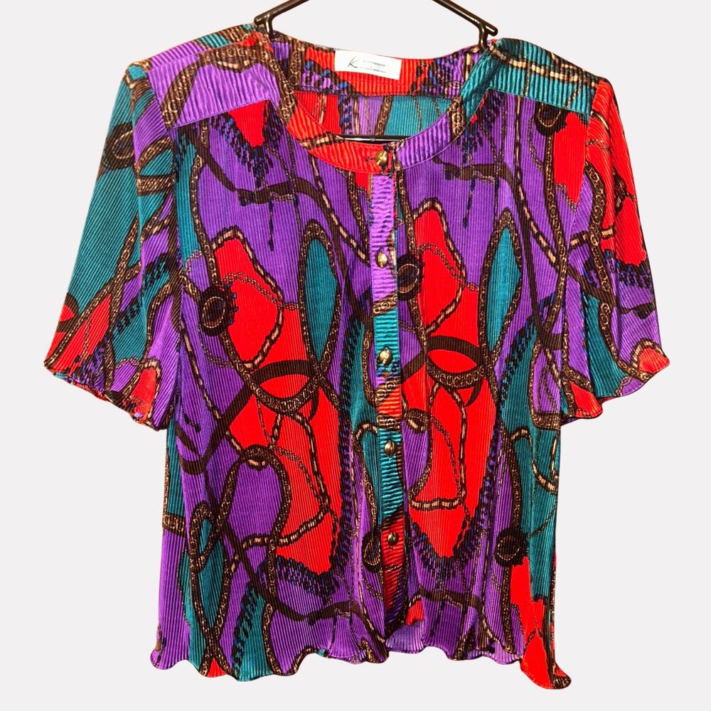Vintage 80s Kasumi Blouse Small Pleated Front Baroque Chain Rope Jewel Tone